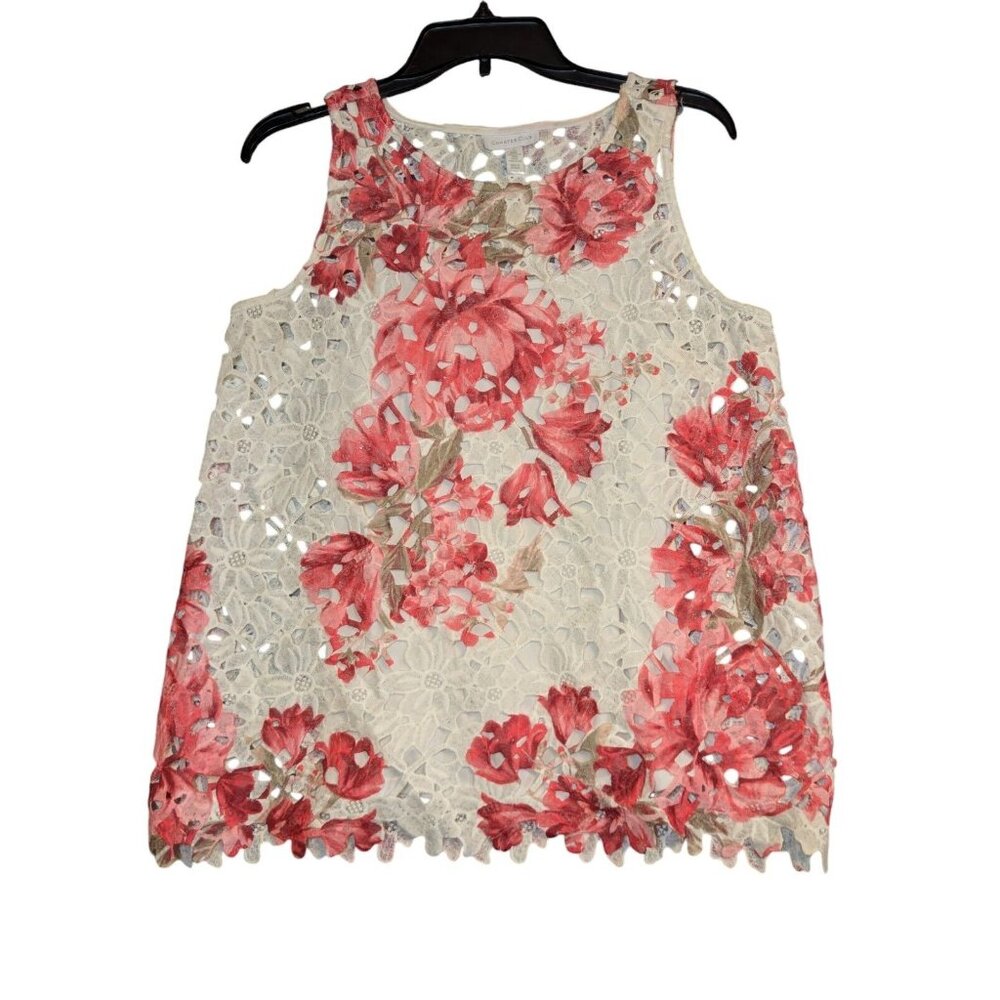 Charter Club Woman White & Red Size S Lined Sleeveless Floral Lace Top